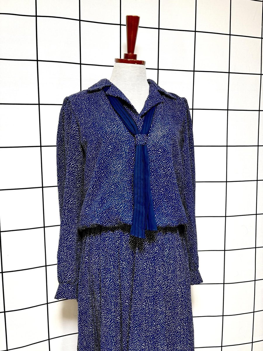画像3: 【2500円均一対象商品】プリーツ切り替え ドット柄 ネイビー リボンタイ UNIONMADE ウエストゴム レトロ USA古着 ヴィンテージワンピース (3)