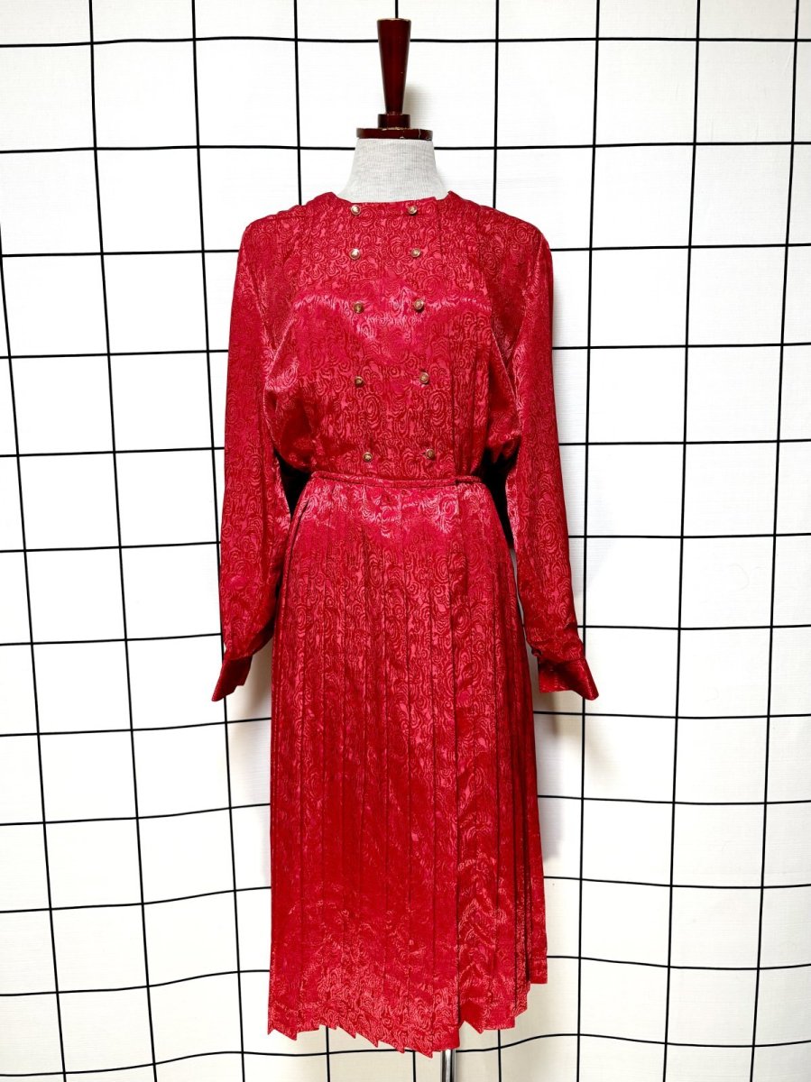 画像1: プリーツ切り替え 織り模様 UNIONMADE レッド ウエストゴム レトロ USA古着 ヴィンテージワンピース (1)