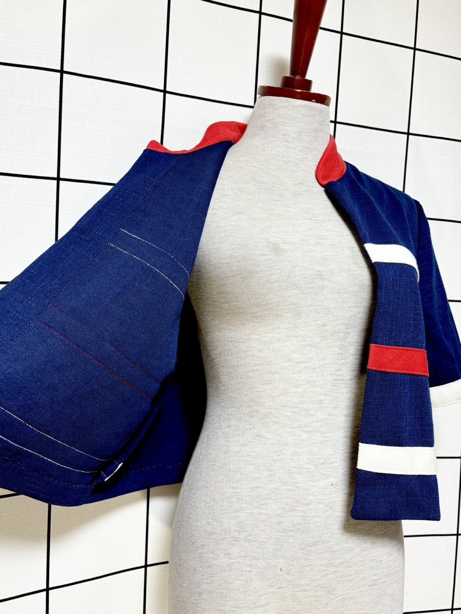 画像6: ショート丈 トリコロール ボーダー 羽織り UNIONMADE レトロ USA古着 半袖 ヴィンテージジャケット (6)