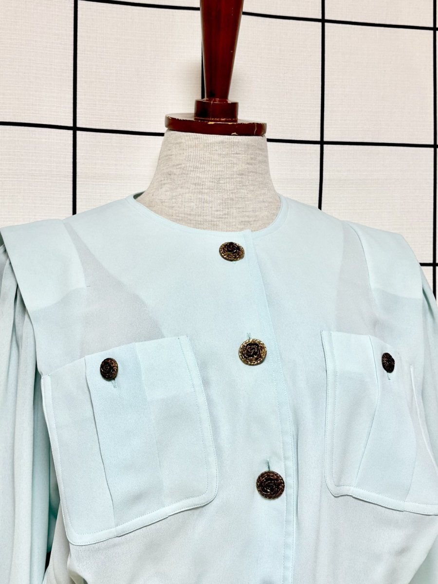 画像5: プリーツ切り替え 無地 ウエストゴム レトロ USA古着 ヴィンテージワンピース (5)