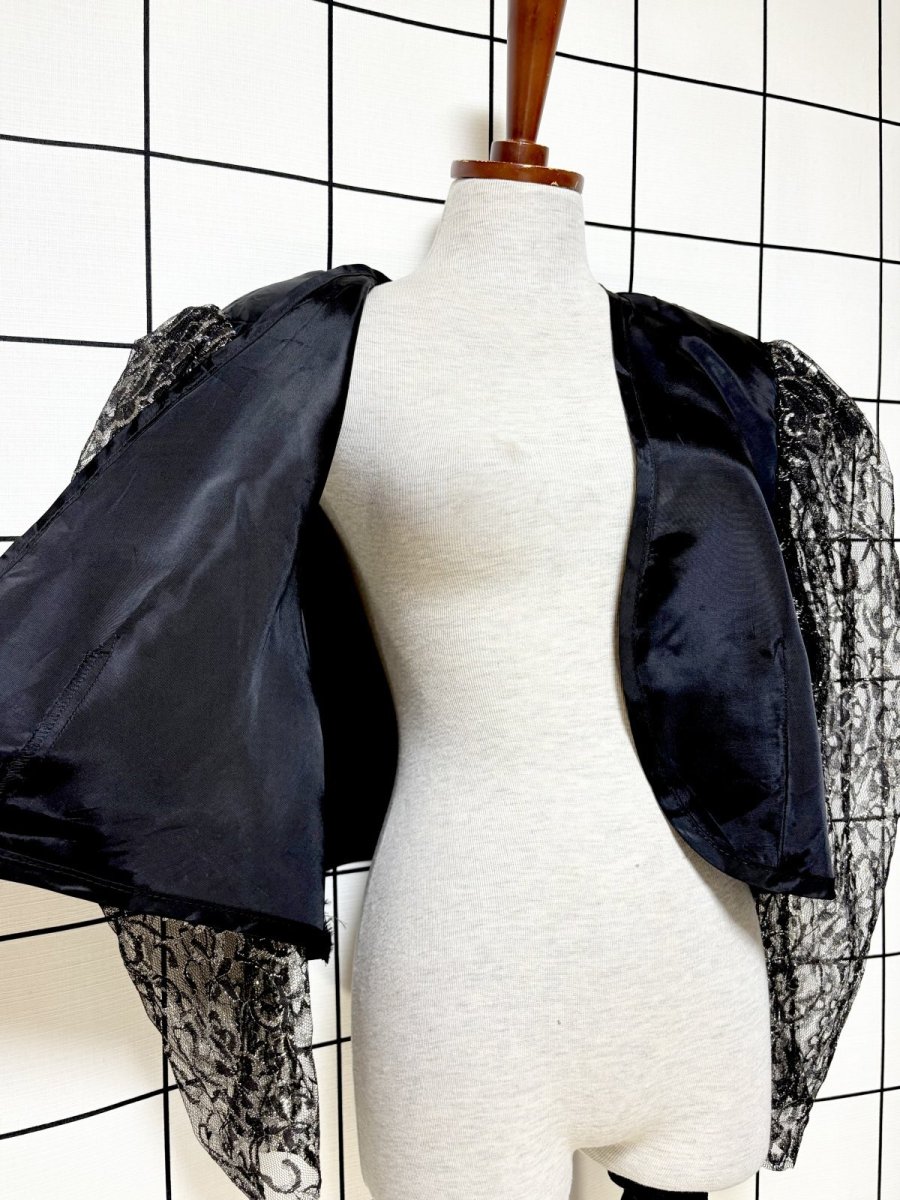 画像7: ショート丈 前開き レース切り替え ブラック シルバー ラメ レトロ 長袖 USA古着 ヴィンテージジャケット (7)