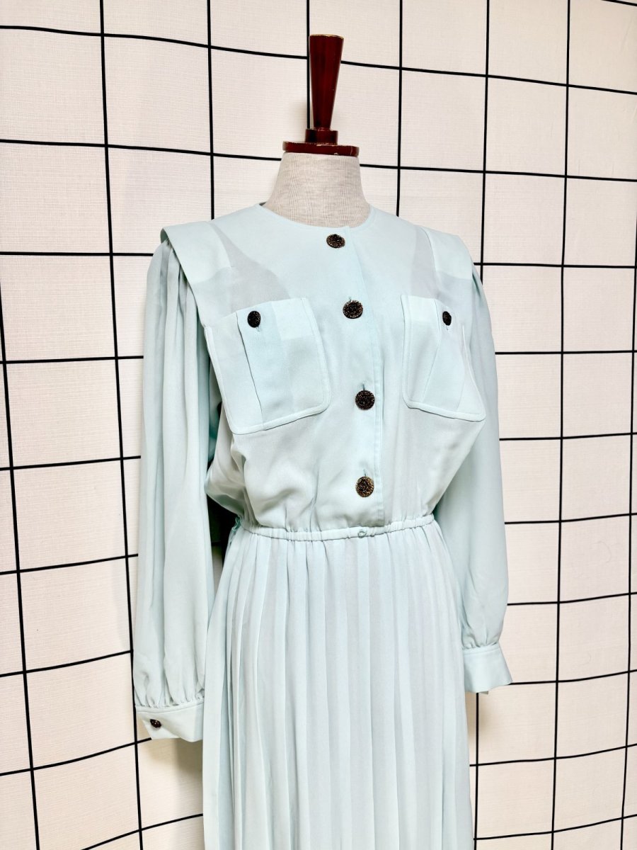 画像3: プリーツ切り替え 無地 ウエストゴム レトロ USA古着 ヴィンテージワンピース (3)