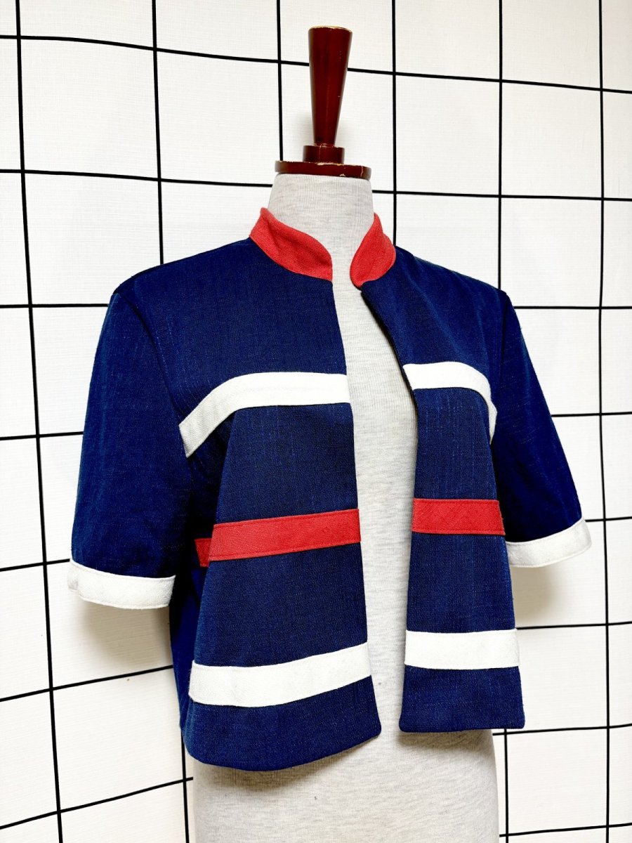 画像3: ショート丈 トリコロール ボーダー 羽織り UNIONMADE レトロ USA古着 半袖 ヴィンテージジャケット (3)