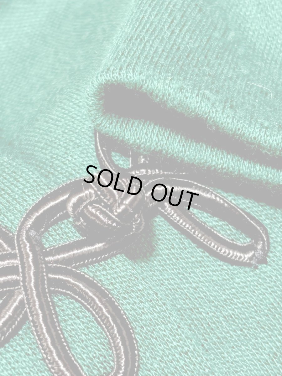 画像13: チャイナボタン装飾 グリーン スタンドカラー バックリボン レトロ USA古着 ヴィンテージニットワンピース (13)