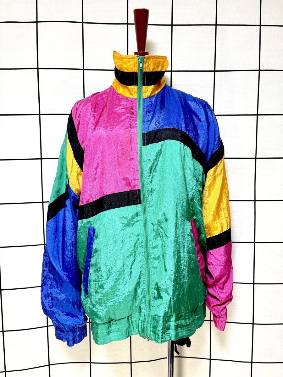 画像8: マルチカラー ハイネック ジップアップ USA古着 ジャンパー ブルゾン ヴィンテージナイロンジャケット (8)