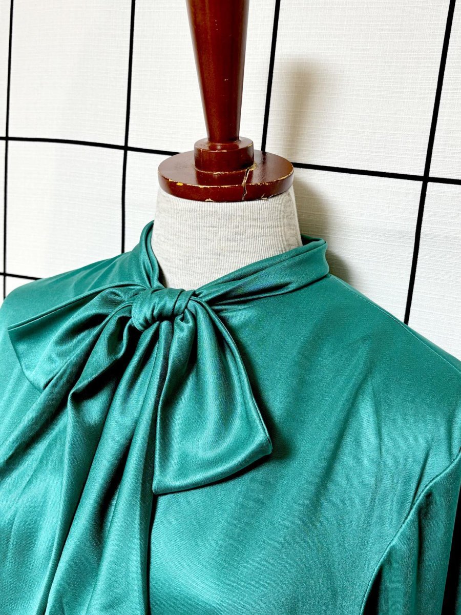 画像4: リボンタイ チェック柄切り替えし レトロ USA古着 ヴィンテージワンピース (4)