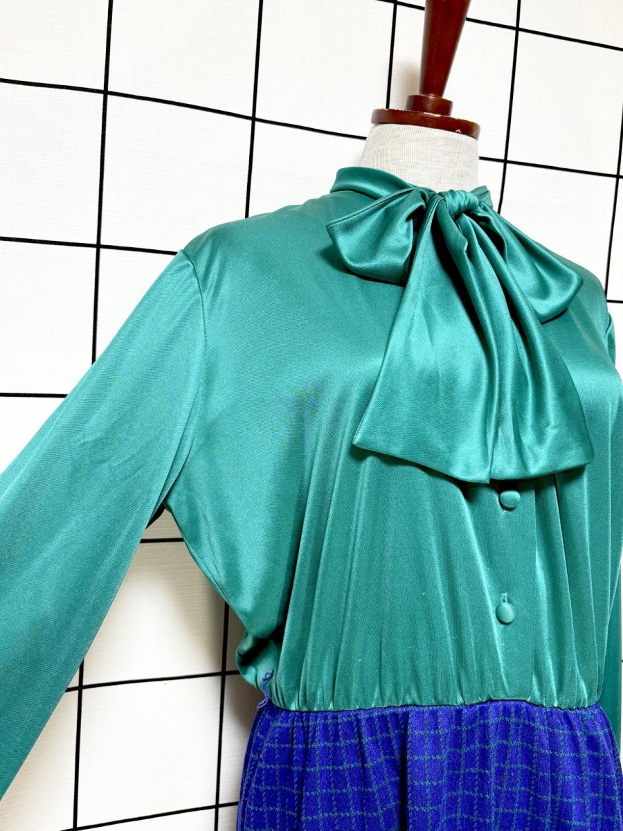 画像6: リボンタイ チェック柄切り替えし レトロ USA古着 ヴィンテージワンピース (6)