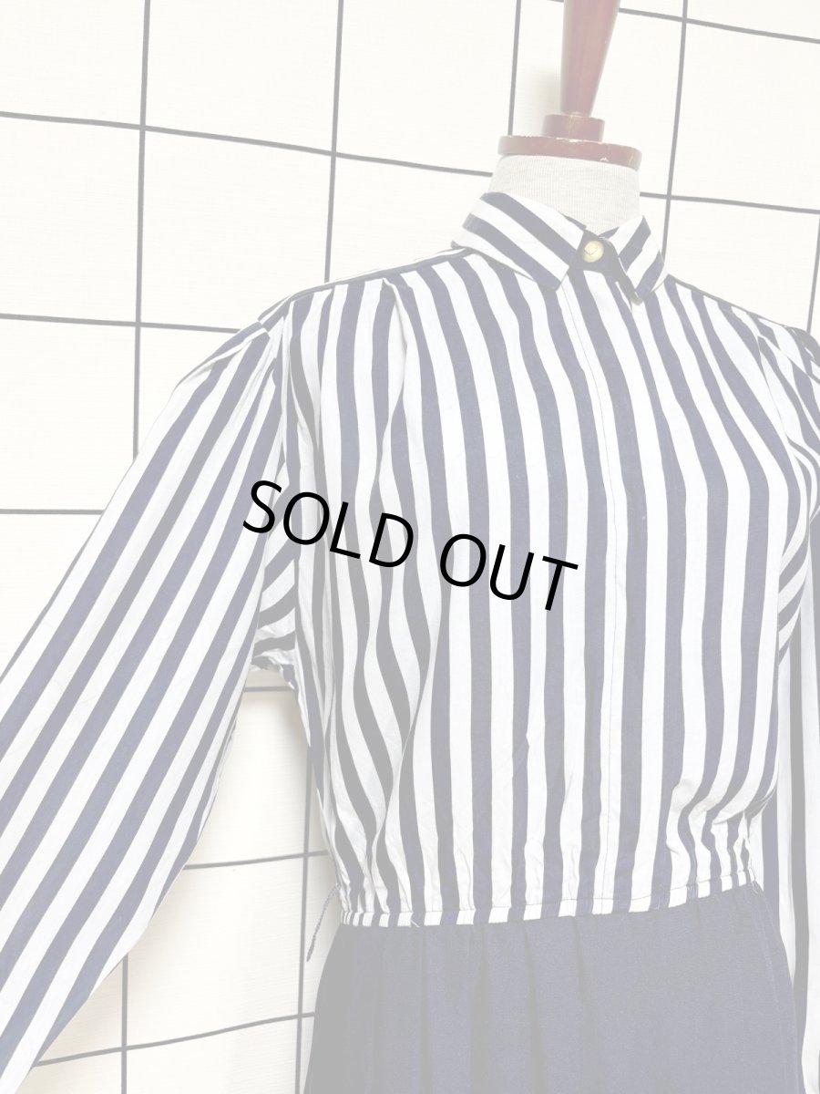 画像6: ストライプ プリーツ切り替え ネイビー ウエストゴム レトロ USA古着 ヴィンテージワンピース (6)