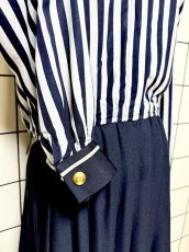 画像7: ストライプ プリーツ切り替え ネイビー ウエストゴム レトロ USA古着 ヴィンテージワンピース (7)