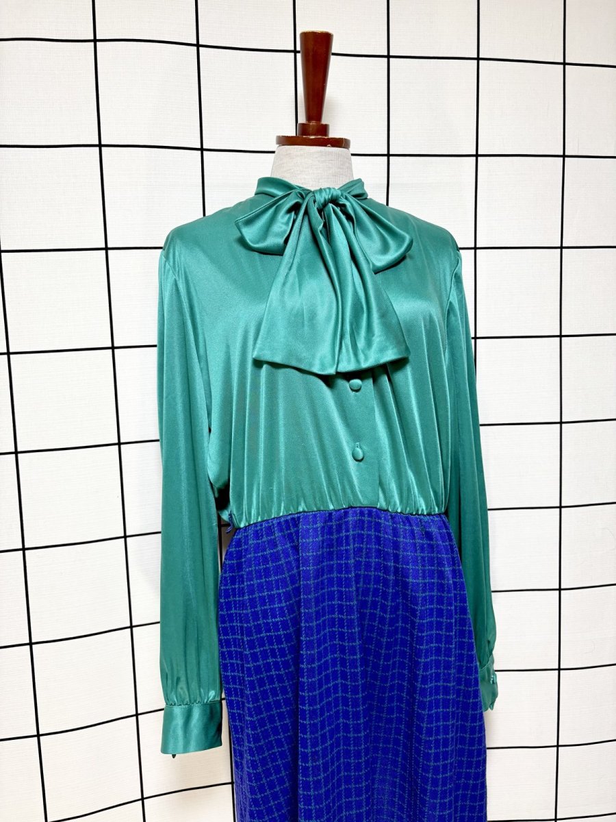 画像3: リボンタイ チェック柄切り替えし レトロ USA古着 ヴィンテージワンピース (3)