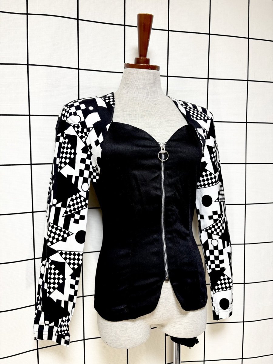 画像3: 幾何学模様 モノクロ ジップアップ レトロ USA古着 ヴィンテージジャケット (3)