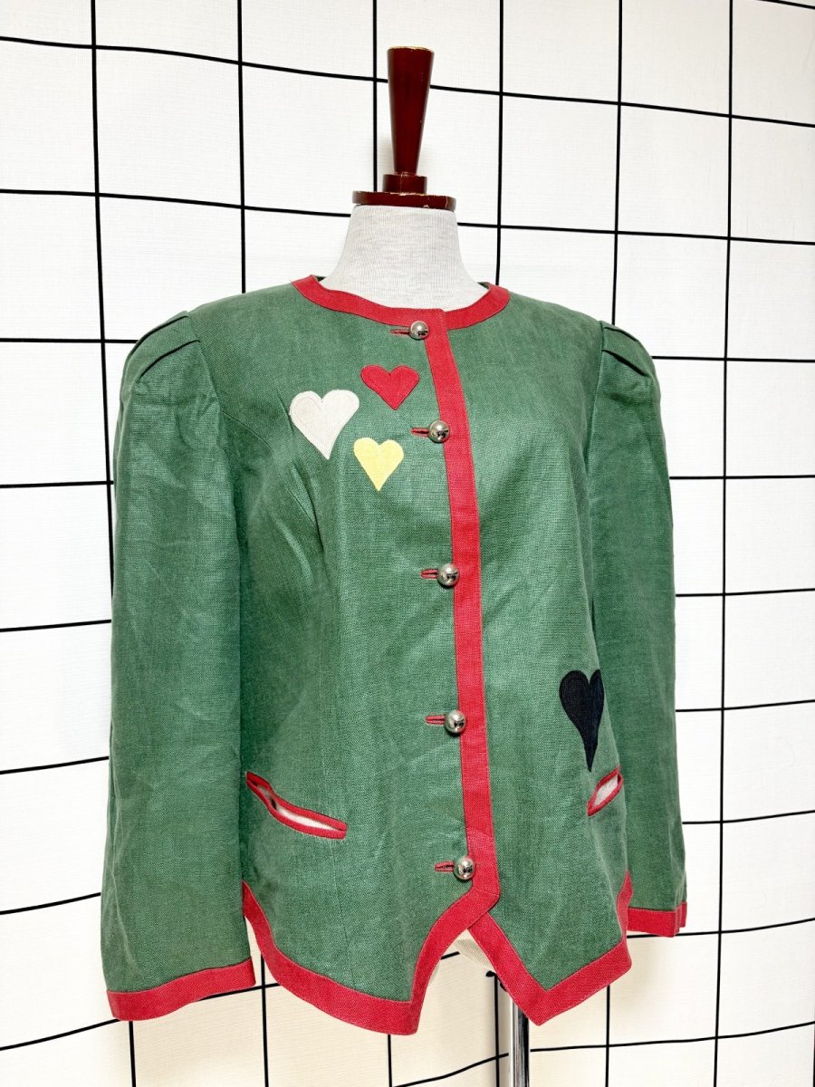 画像4: オーストリア製 Austria リネン パフスリーブ ノーカラー ハートパッチ ディアンドル チロルジャケット ドイツ民族衣装 舞台 演劇 演奏会 フォークダンス オクトーバーフェスト (4)