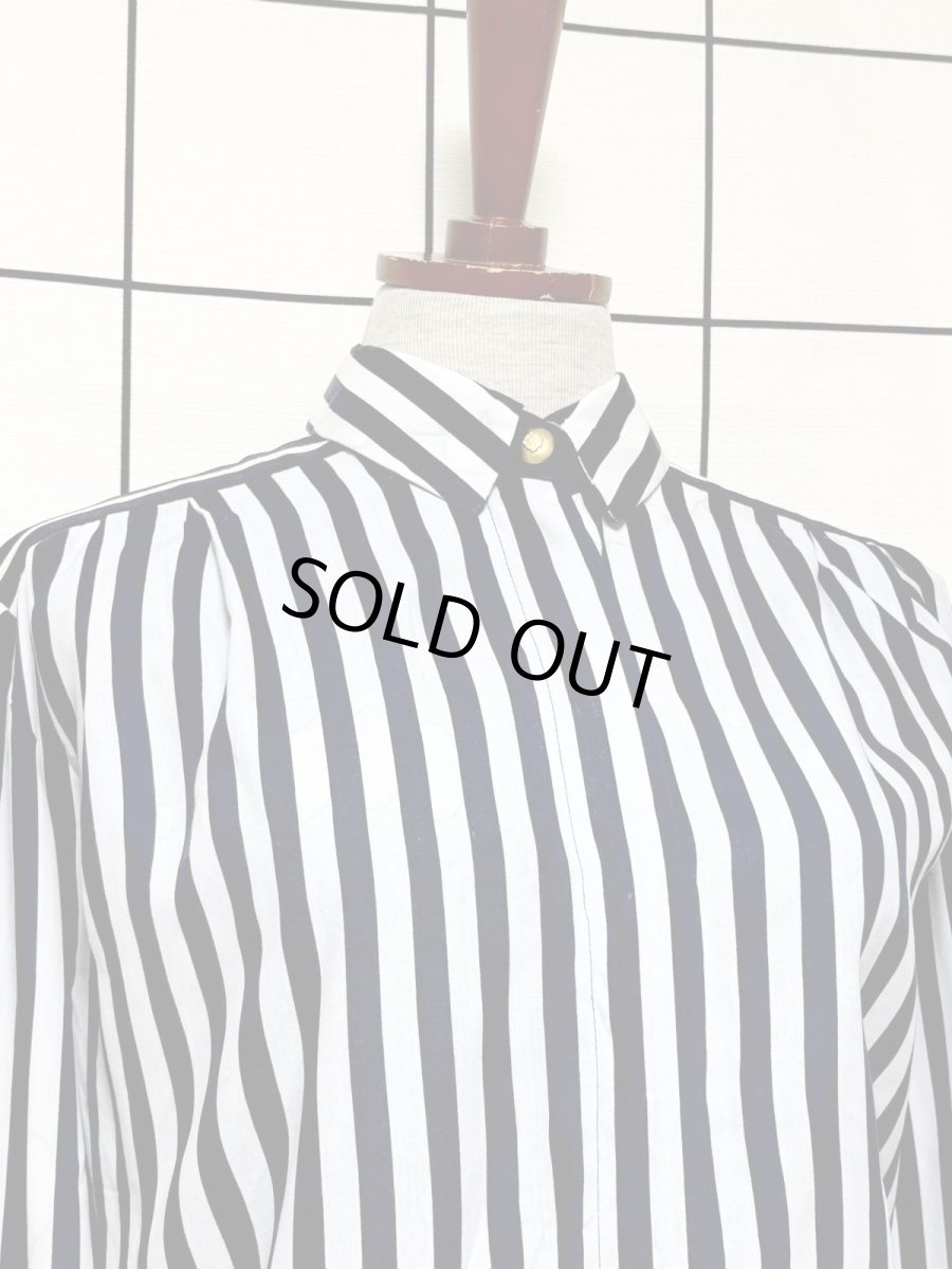 画像5: ストライプ プリーツ切り替え ネイビー ウエストゴム レトロ USA古着 ヴィンテージワンピース (5)