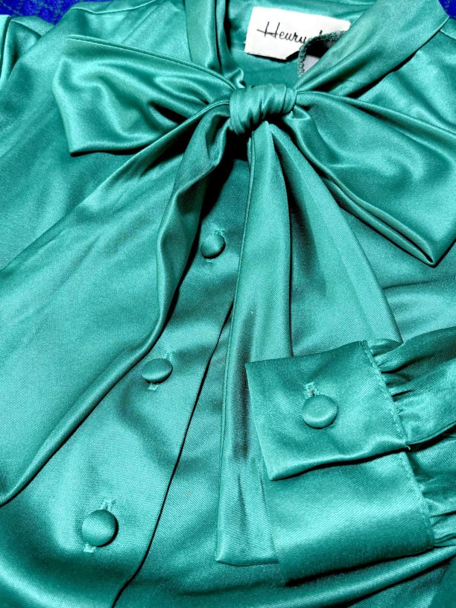 画像10: リボンタイ チェック柄切り替えし レトロ USA古着 ヴィンテージワンピース (10)