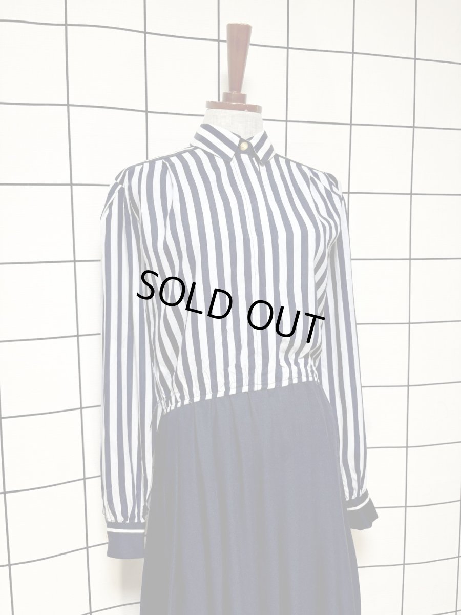 画像3: ストライプ プリーツ切り替え ネイビー ウエストゴム レトロ USA古着 ヴィンテージワンピース (3)