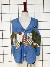 画像1: パッチワーク デニム India バックリボンデザイン レトロ 古着 ヴィンテージベスト (1)