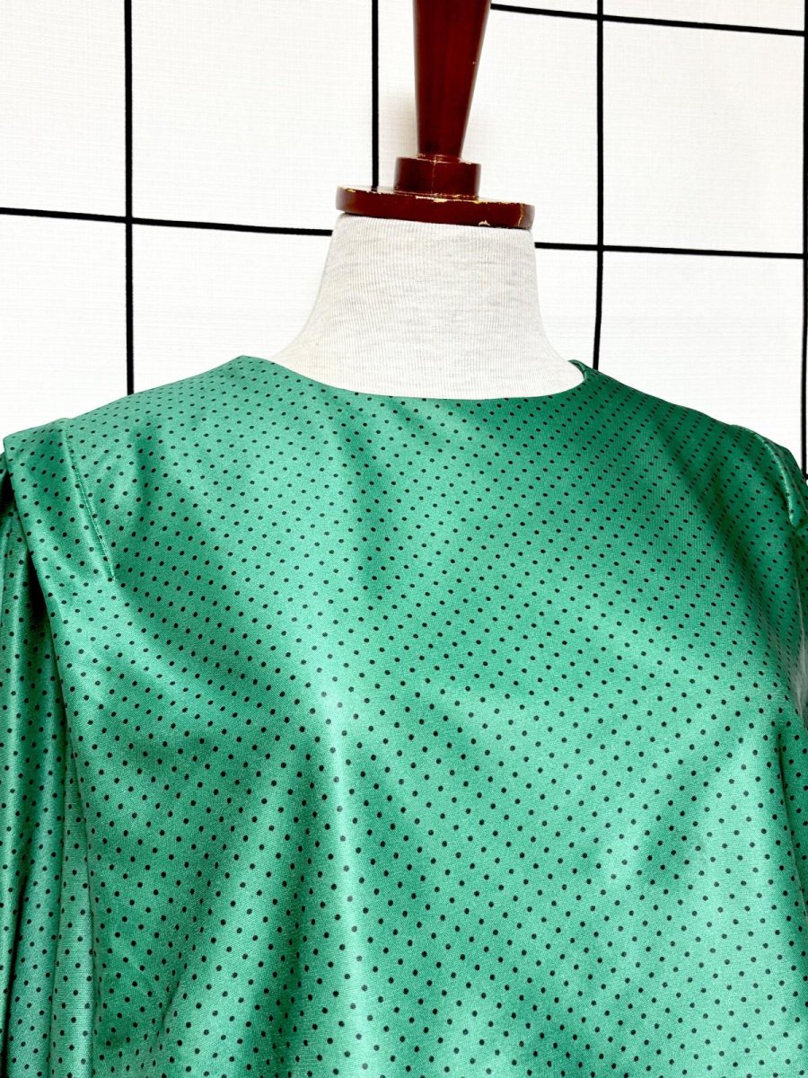 画像5: プリーツ切り替え グリーン ドット ボーダー ウエストゴム レトロ USA古着 ヴィンテージワンピース (5)