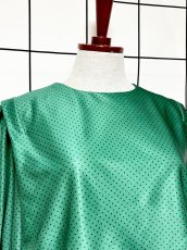 画像5: プリーツ切り替え グリーン ドット ボーダー ウエストゴム レトロ USA古着 ヴィンテージワンピース (5)