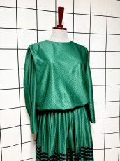 画像3: プリーツ切り替え グリーン ドット ボーダー ウエストゴム レトロ USA古着 ヴィンテージワンピース (3)