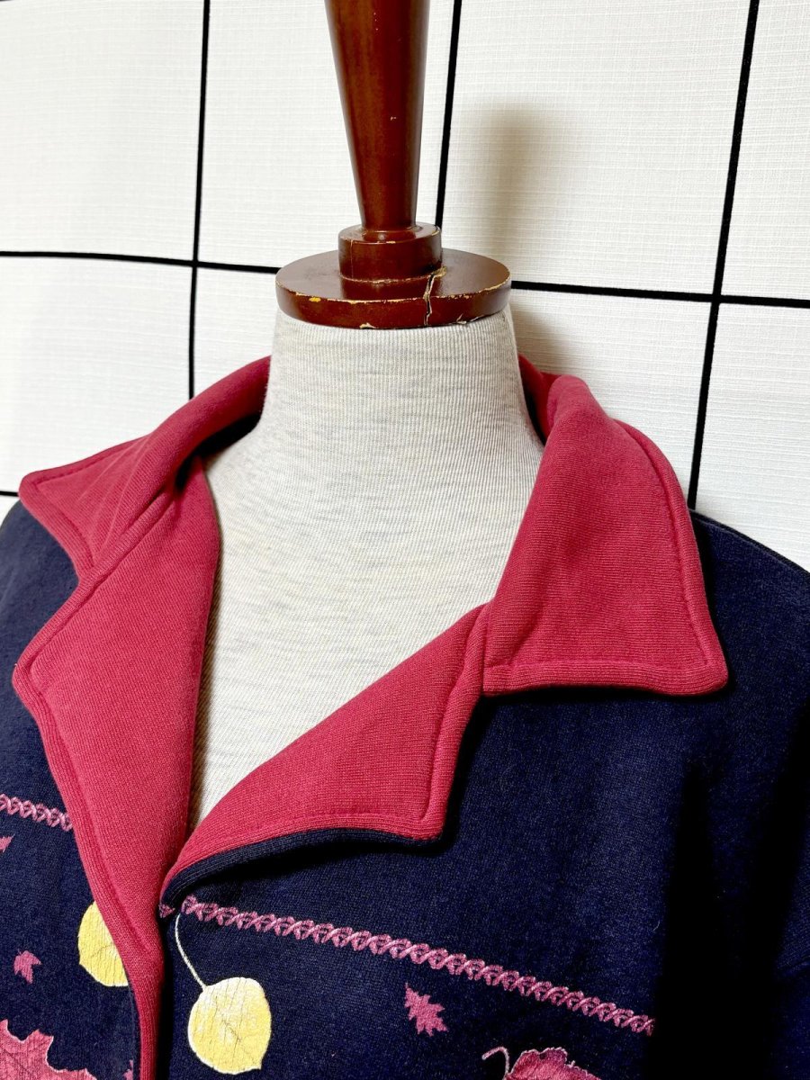 画像4: リーフ柄 ネイビー レトロ USA古着 ヴィンテージカーディガン (4)