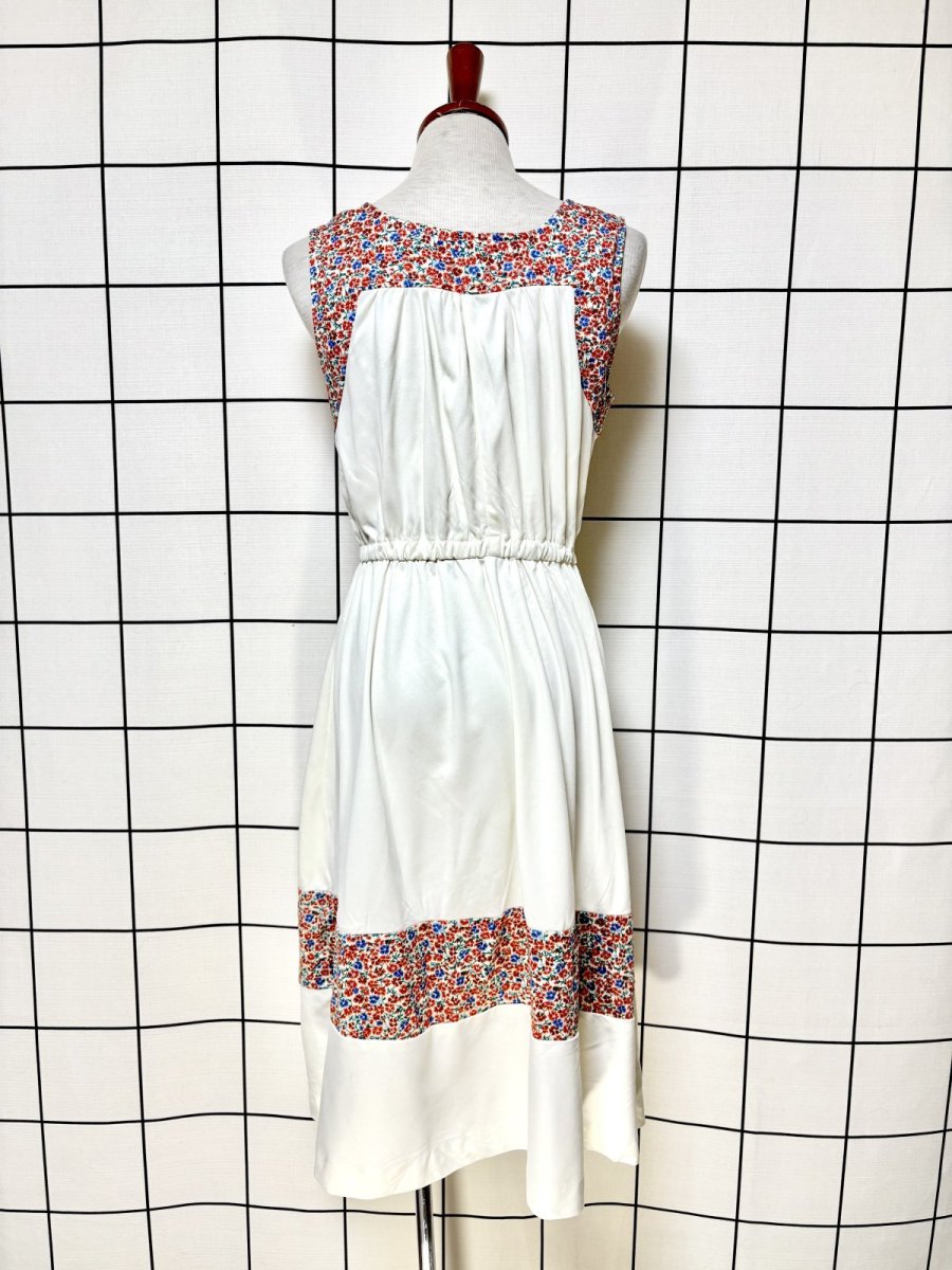 画像3: 花柄 ホワイト 切り替えウエストゴム ノースリーブ レトロ USA古着 ヴィンテージワンピース (3)
