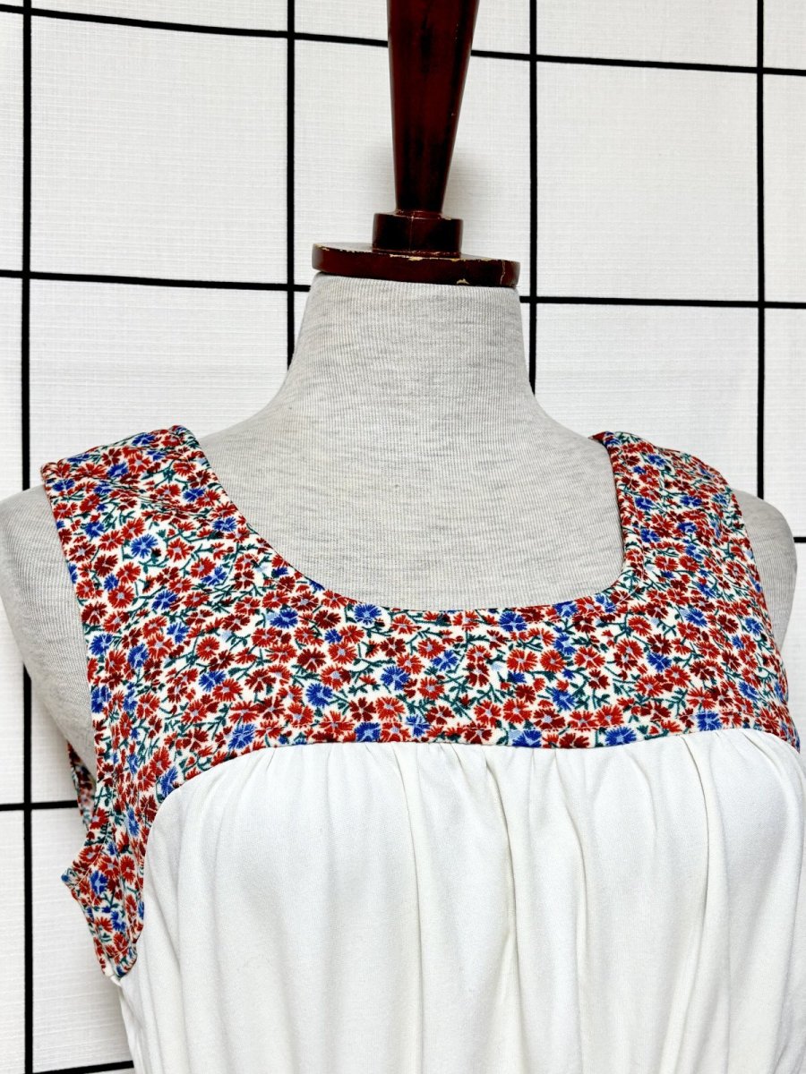 画像6: 花柄 ホワイト 切り替えウエストゴム ノースリーブ レトロ USA古着 ヴィンテージワンピース (6)