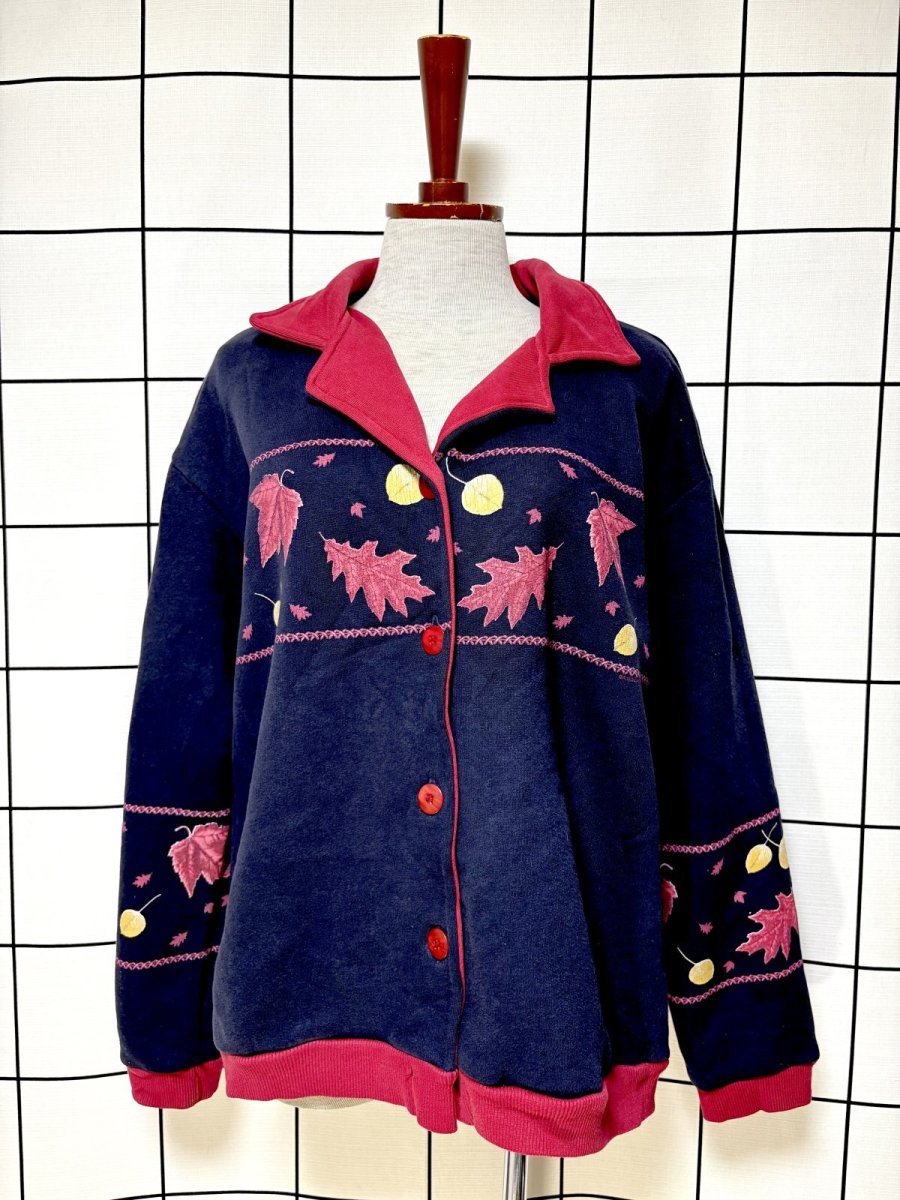 画像1: リーフ柄 ネイビー レトロ USA古着 ヴィンテージカーディガン (1)