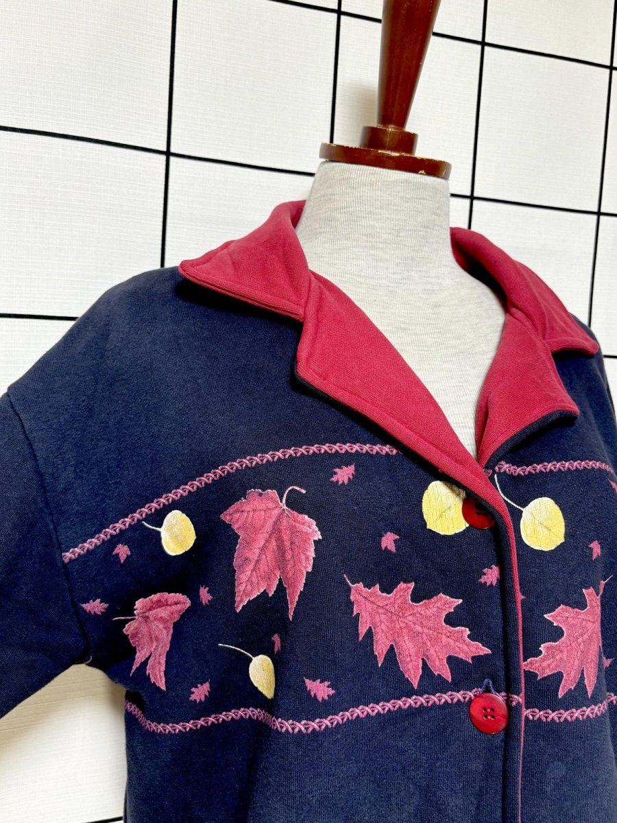 画像6: リーフ柄 ネイビー レトロ USA古着 ヴィンテージカーディガン (6)