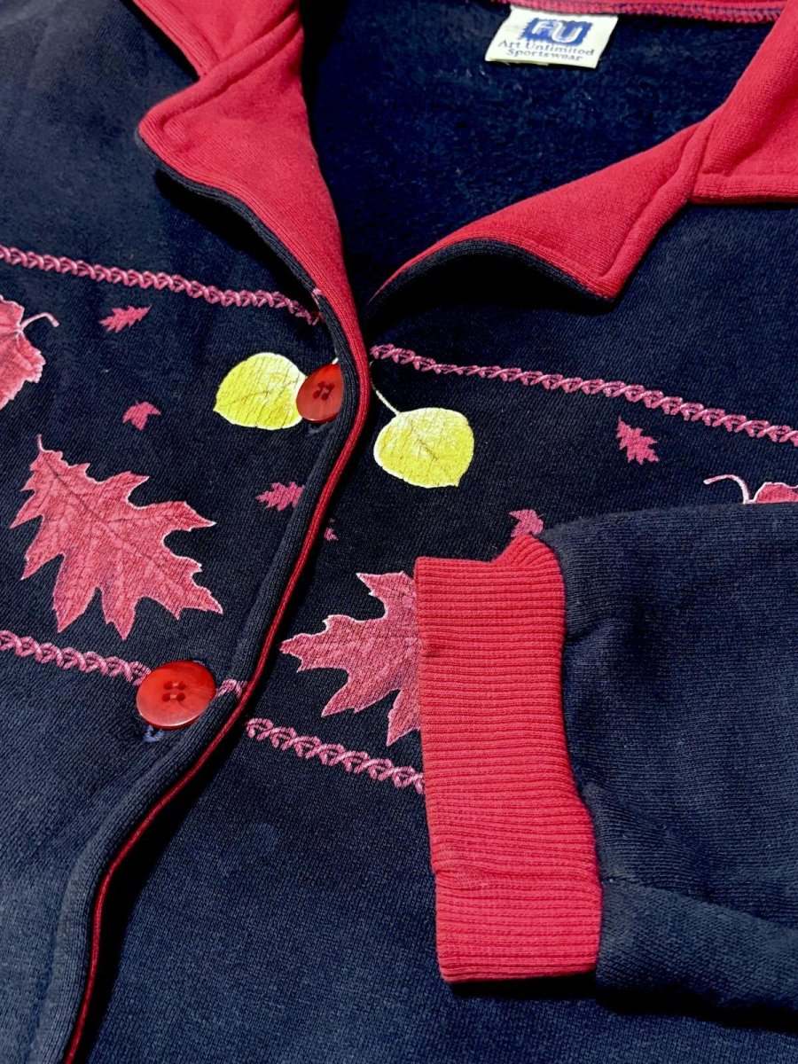 画像9: リーフ柄 ネイビー レトロ USA古着 ヴィンテージカーディガン (9)