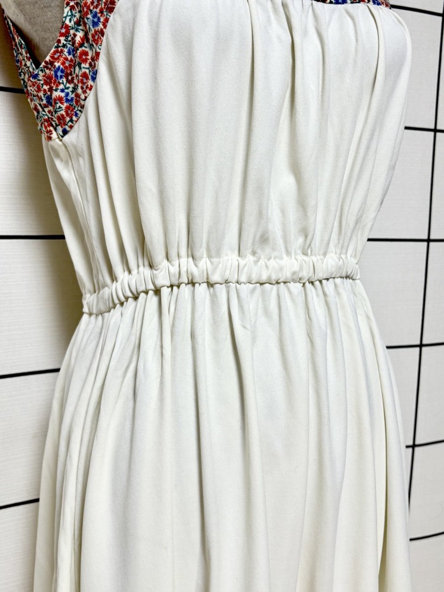 画像8: 花柄 ホワイト 切り替えウエストゴム ノースリーブ レトロ USA古着 ヴィンテージワンピース (8)