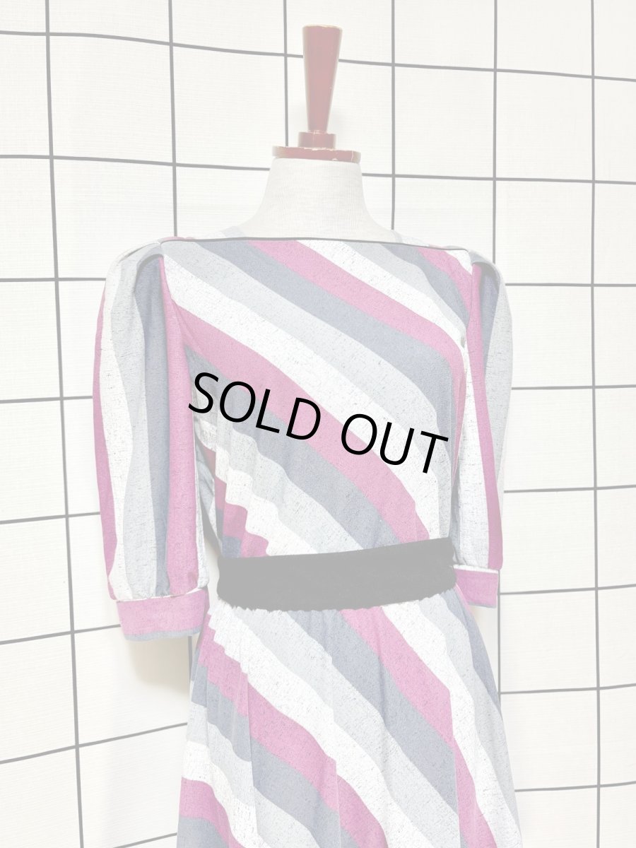 画像5: リボンベルト付 ストライプ ウエストゴム レトロ 長袖 USA古着 ヴィンテージワンピース  (5)