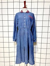 画像1: デニム チェック 長袖 レトロ USA古着 ヴィンテージワンピース (1)
