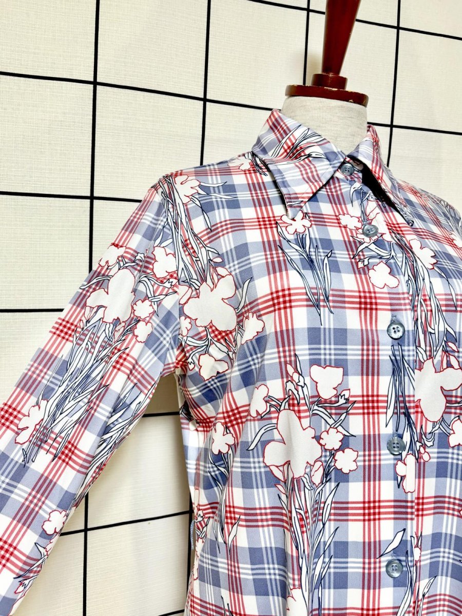 画像6: チェック柄 花柄 前開き 長袖 レトロ USA古着 ヴィンテージワンピース (6)