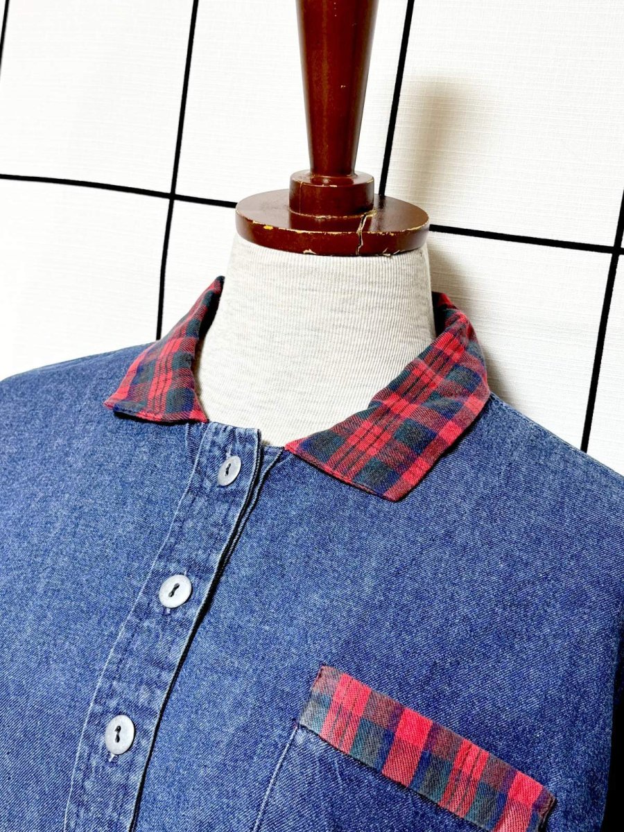 画像4: デニム チェック 長袖 レトロ USA古着 ヴィンテージワンピース (4)