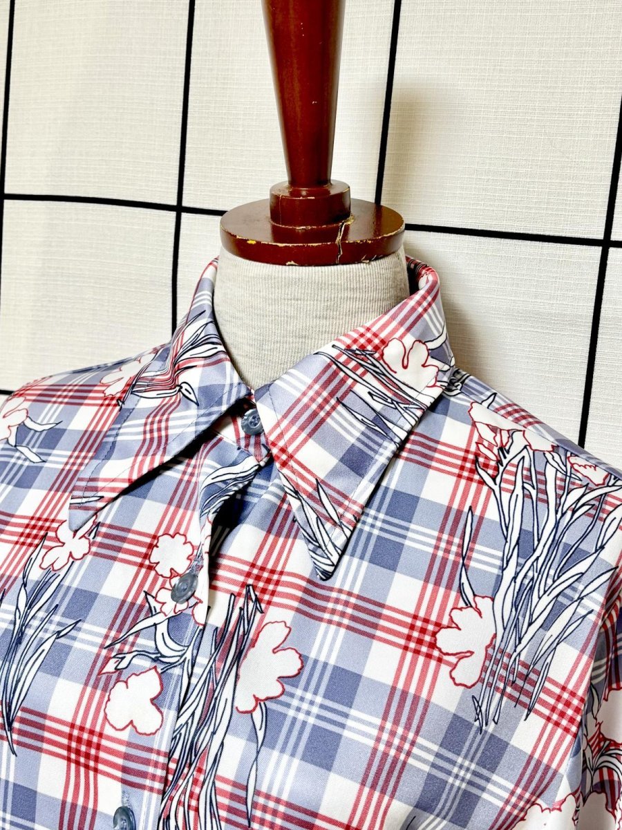 画像4: チェック柄 花柄 前開き 長袖 レトロ USA古着 ヴィンテージワンピース (4)