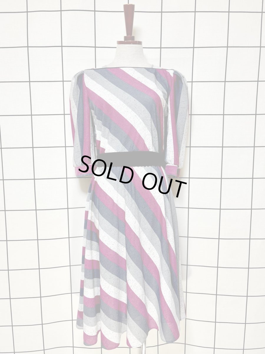 画像1: リボンベルト付 ストライプ ウエストゴム レトロ 長袖 USA古着 ヴィンテージワンピース  (1)