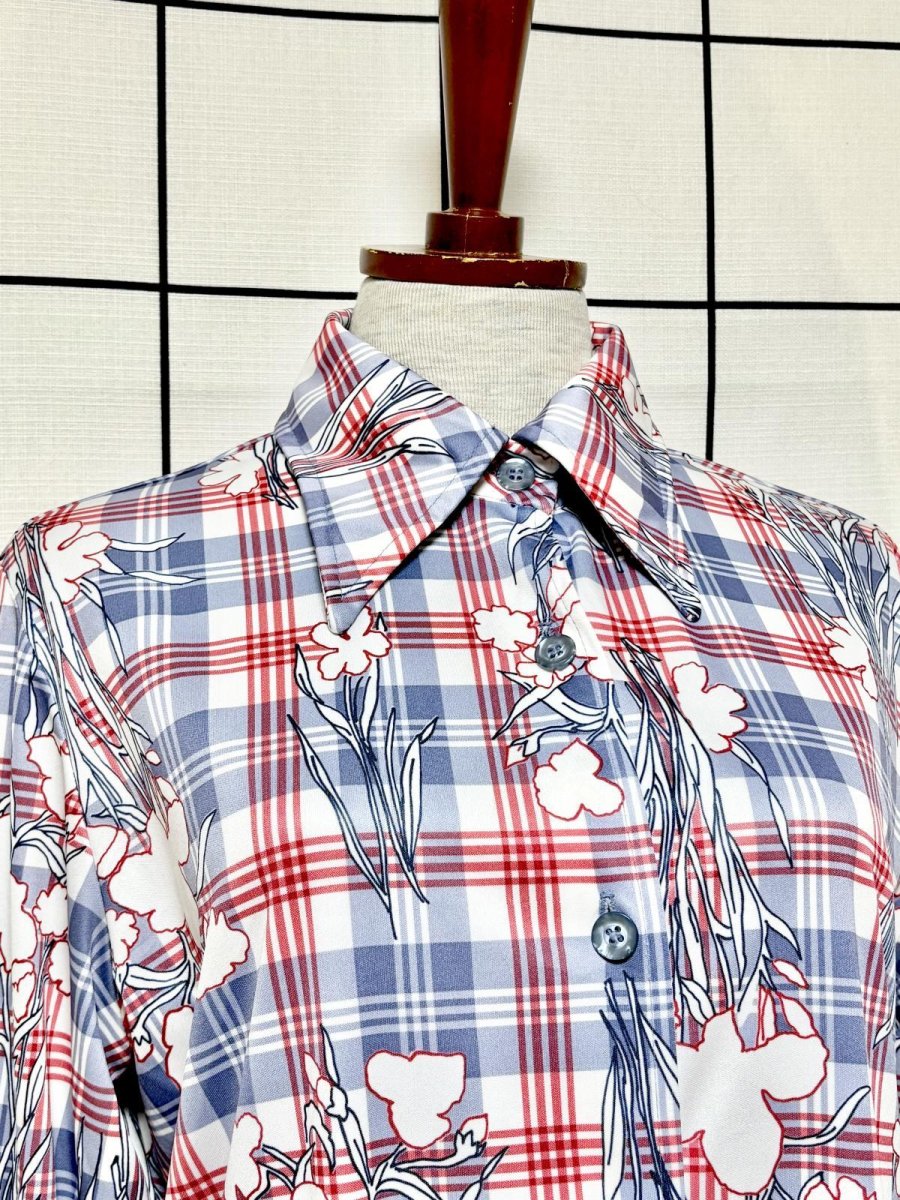 画像5: チェック柄 花柄 前開き 長袖 レトロ USA古着 ヴィンテージワンピース (5)