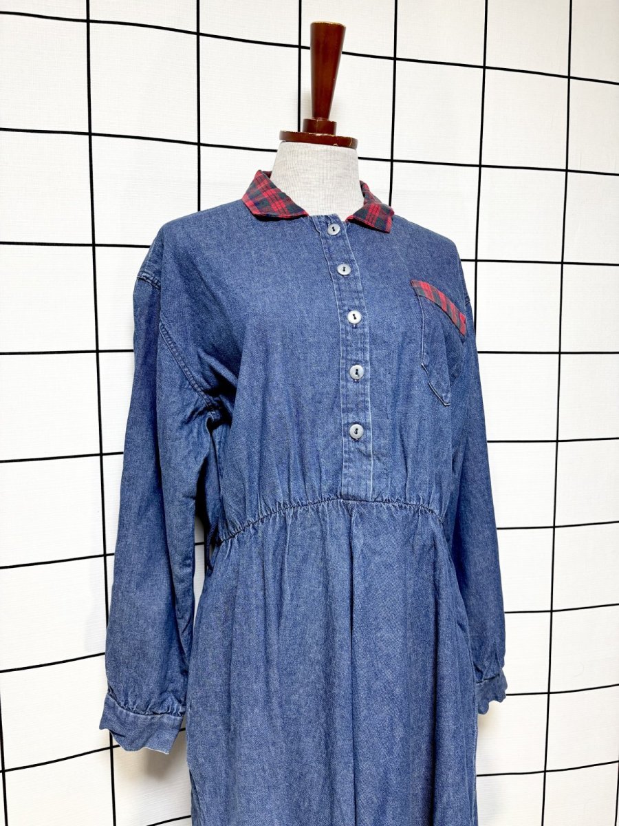 画像3: デニム チェック 長袖 レトロ USA古着 ヴィンテージワンピース (3)