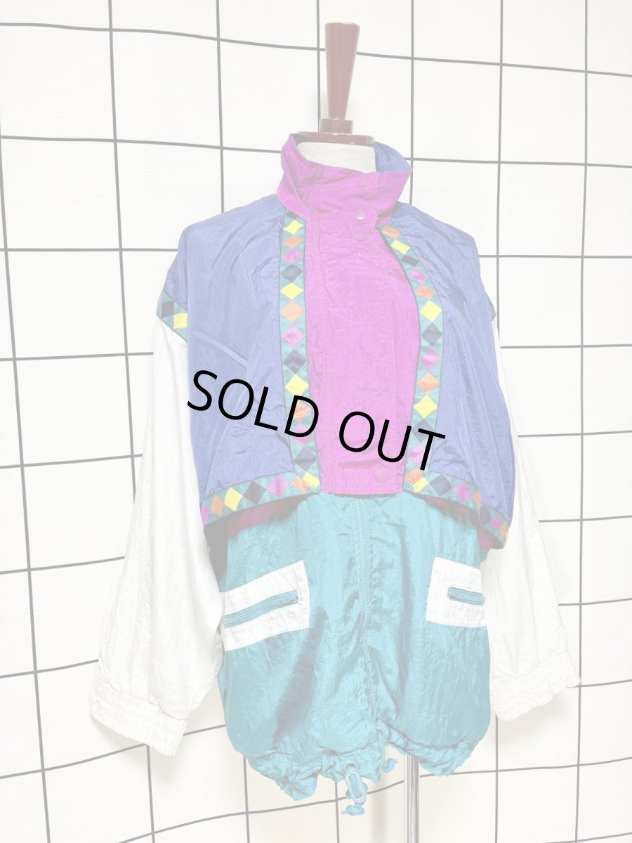 画像3: ダイヤ柄 ジップアップ レトロ USA古着 ブルゾン ジャンパー ヴィンテージナイロンジャケット (3)