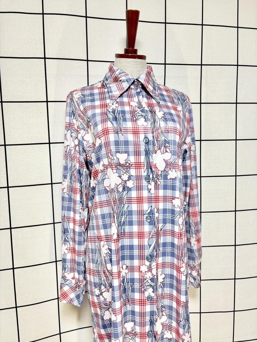 画像3: チェック柄 花柄 前開き 長袖 レトロ USA古着 ヴィンテージワンピース (3)