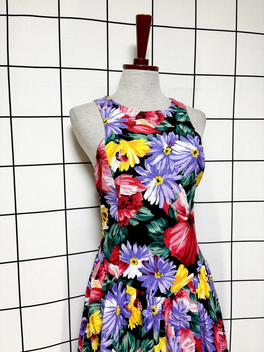 画像5: カラフル 花柄 ウエストゴム レトロ USA古着 ノースリーブ ヴィンテージワンピース (5)