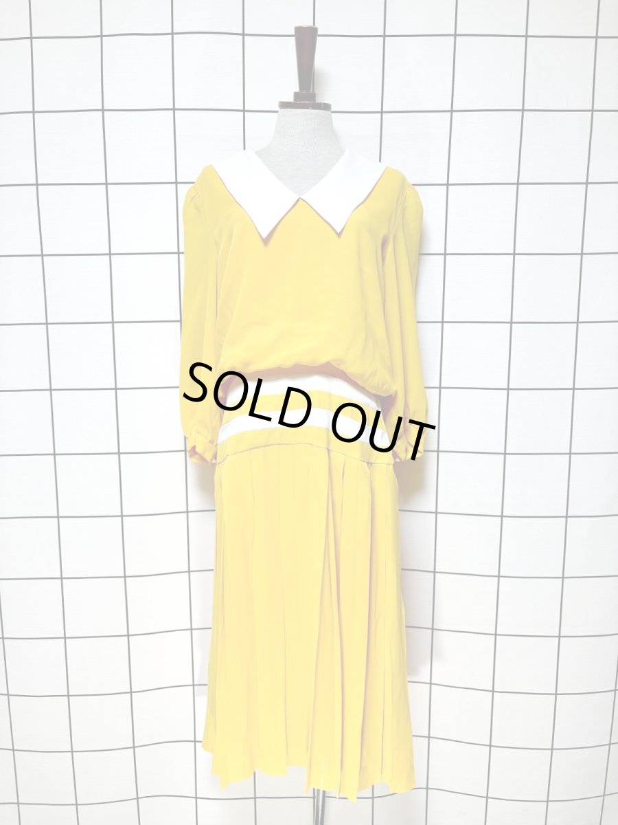 画像1: プリーツ切り替え ボーダー イエロー ホワイト レトロ USA古着 ヴィンテージワンピース (1)