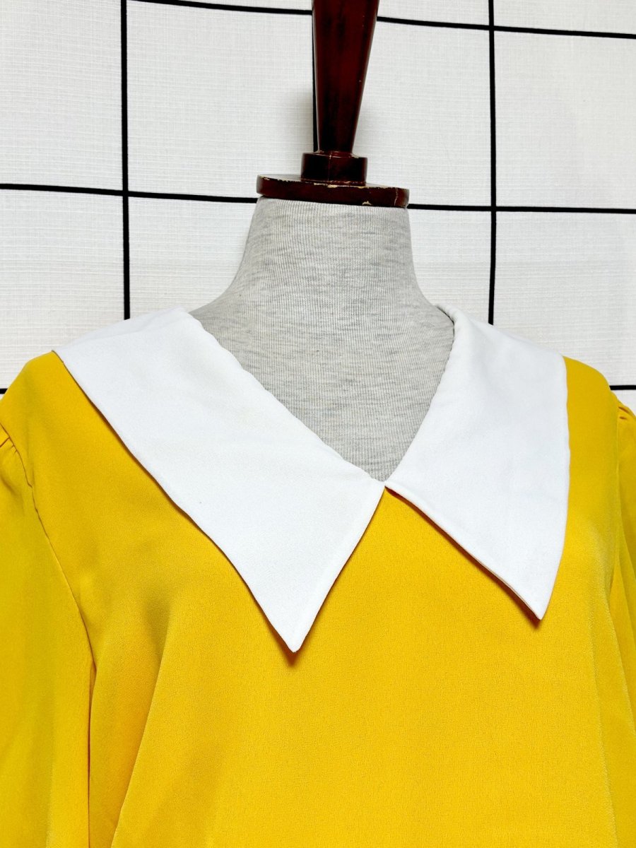 画像5: プリーツ切り替え ボーダー イエロー ホワイト レトロ USA古着 ヴィンテージワンピース (5)