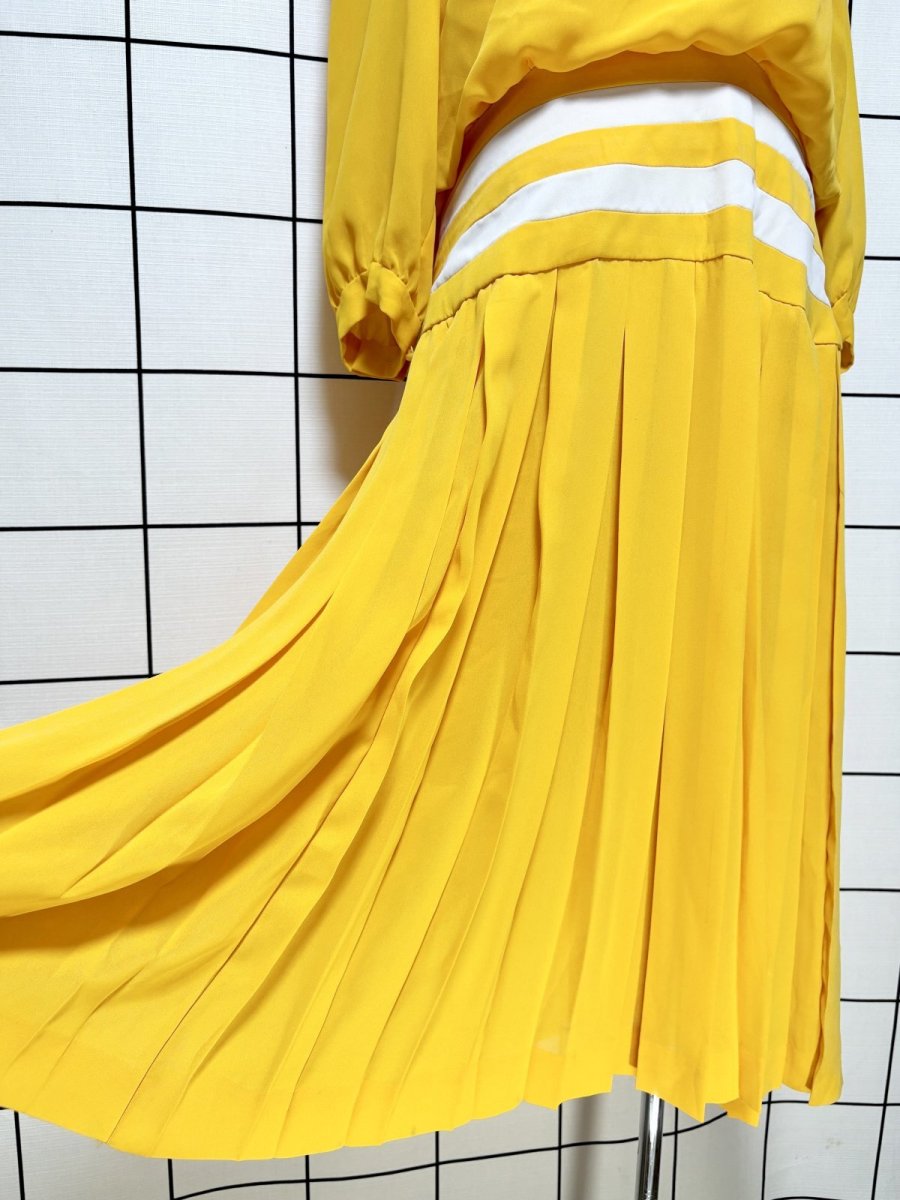 画像9: プリーツ切り替え ボーダー イエロー ホワイト レトロ USA古着 ヴィンテージワンピース (9)