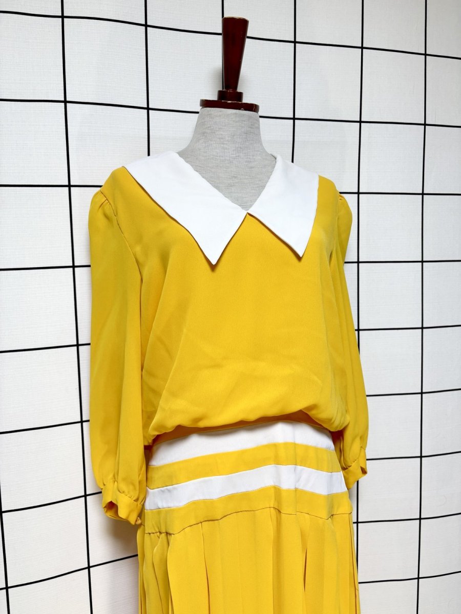 画像3: プリーツ切り替え ボーダー イエロー ホワイト レトロ USA古着 ヴィンテージワンピース (3)