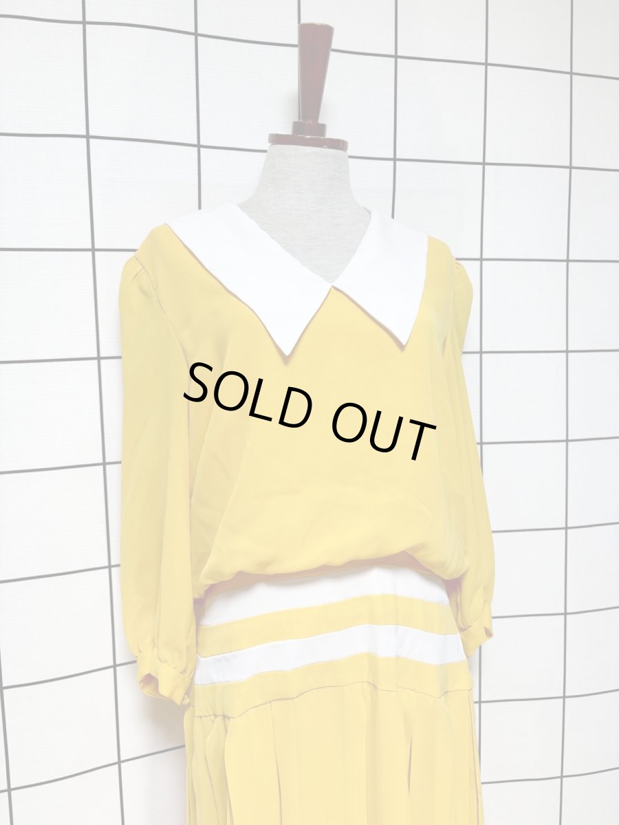 画像3: プリーツ切り替え ボーダー イエロー ホワイト レトロ USA古着 ヴィンテージワンピース (3)