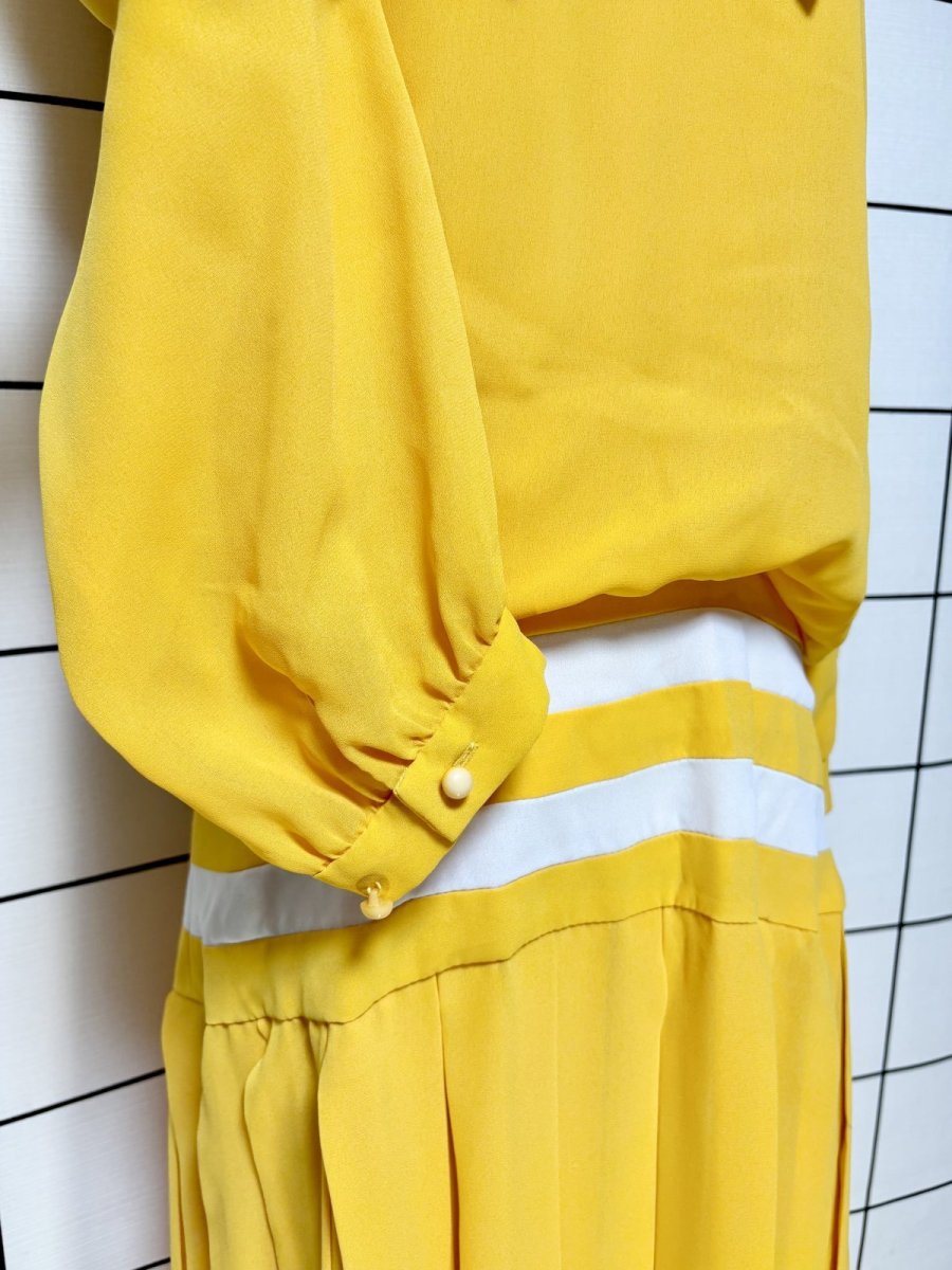 画像7: プリーツ切り替え ボーダー イエロー ホワイト レトロ USA古着 ヴィンテージワンピース (7)