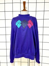 画像1: ダイヤ柄 チェック ハイネック パープル レトロ USA古着 ヴィンテージスウェット (1)