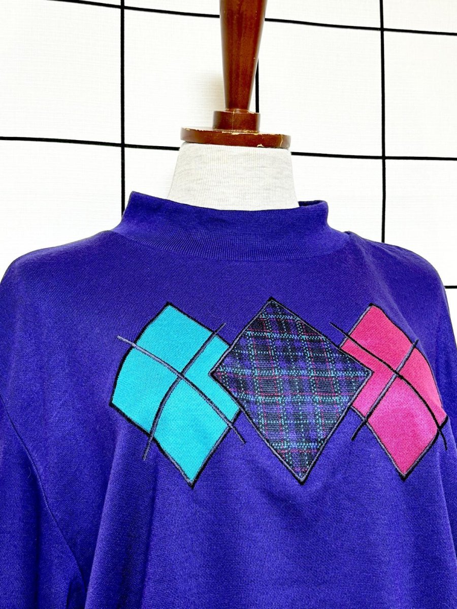 画像5: ダイヤ柄 チェック ハイネック パープル レトロ USA古着 ヴィンテージスウェット (5)