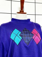 画像5: ダイヤ柄 チェック ハイネック パープル レトロ USA古着 ヴィンテージスウェット (5)
